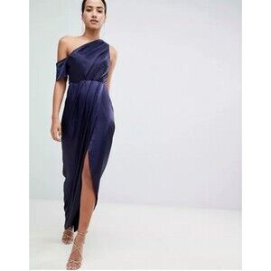 Navy Draped Dress One-Shoulder Satin Sz 10 Slit Evening Cocktail Blue Long ASOS